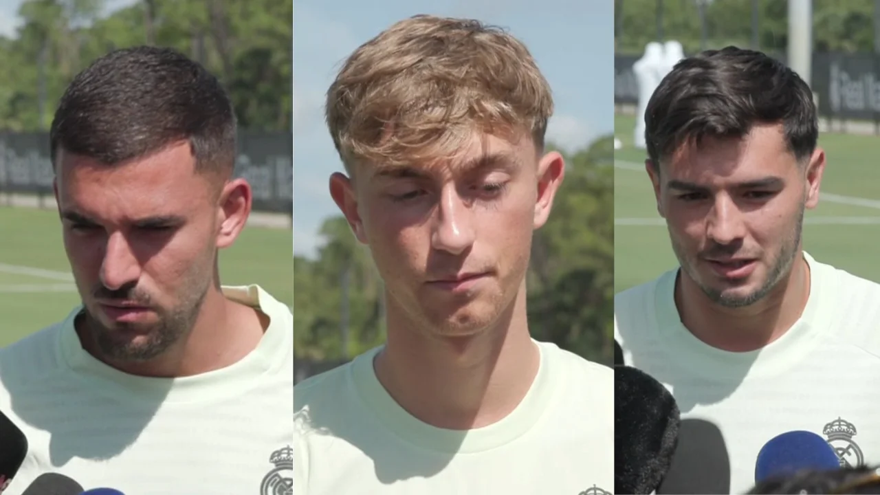 Las palabras de Ceballos, Huijsen y Brahim antes de debutar en el Mundial de Clubes Ceballos, Huijsen y Brahim, hablando con la prensa en el Mundial de Clubes