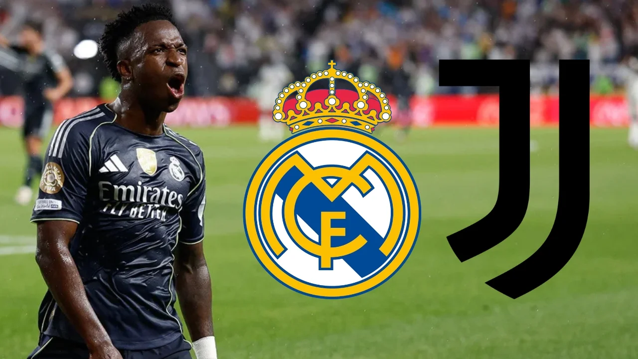 La Juventus, próximo escollo del Real Madrid en el Mundial de Clubes 2025 Vinicius, junto a los escudos de Real Madrid y Juventus de Turín