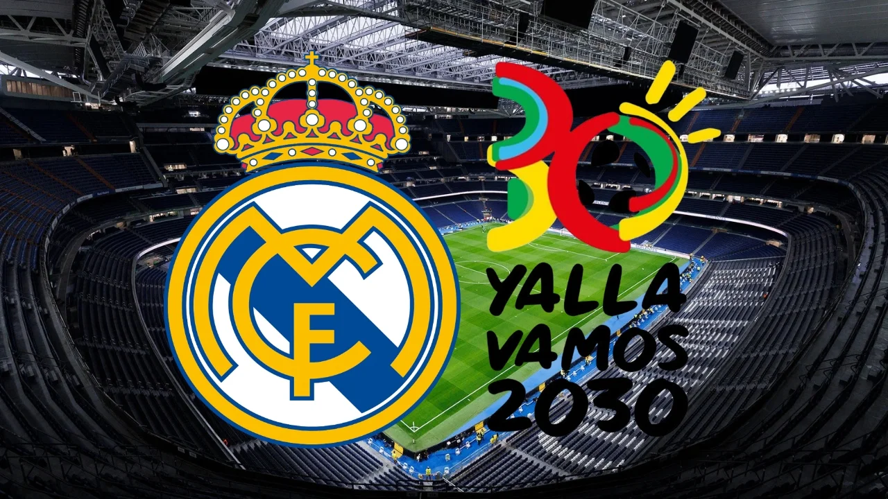 El Bernabéu, cada vez más cerca de acoger la final del Mundial 2030 Los escudos del Real Madrid y el Mundial 2030 en el Santiago Bernabéu
