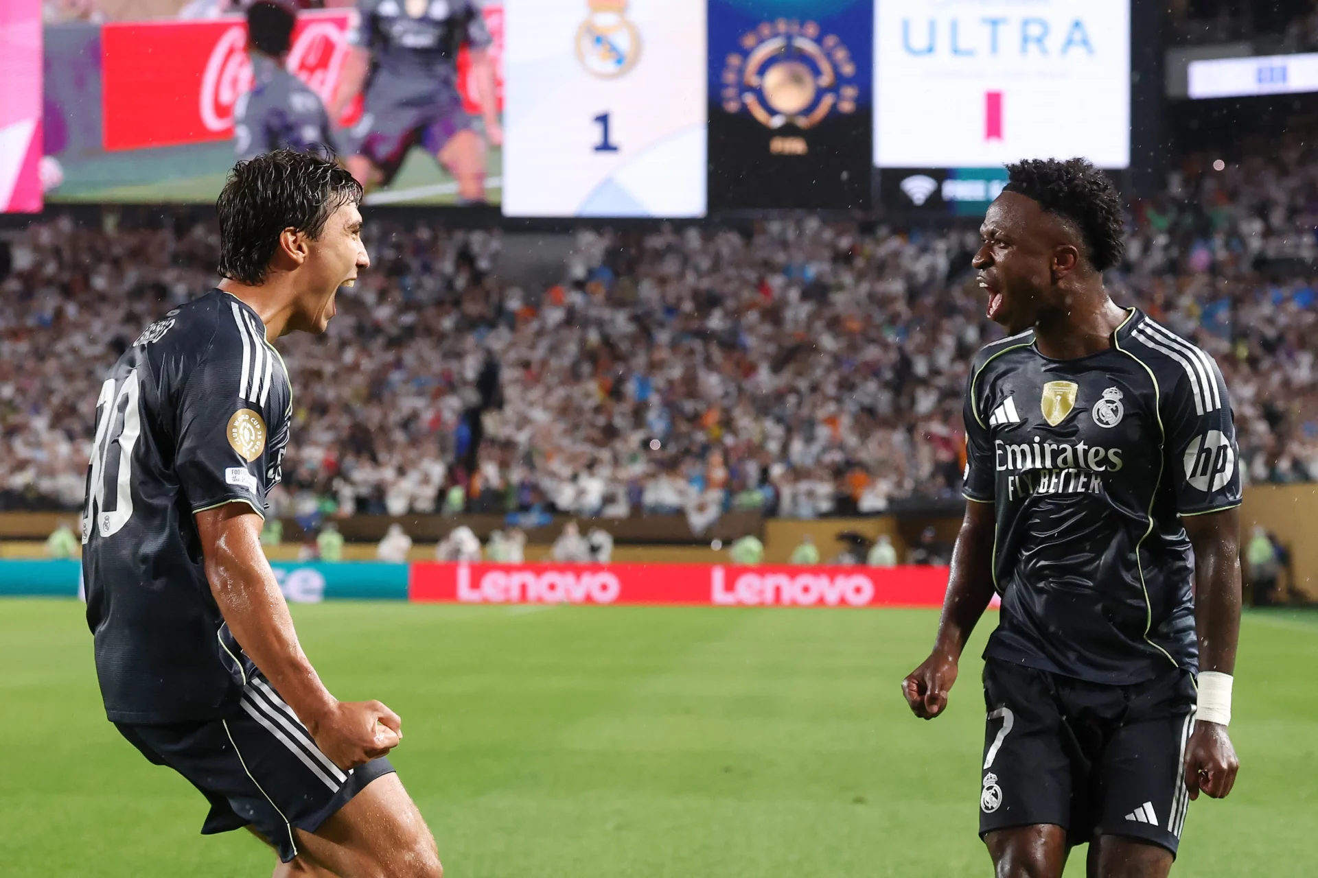 Previa Real Madrid – Juventus | Primer asalto para llegar al estrellato Gonzalo y Vinicius celebran uno de los goles del Real Madrid en el Mundial de Clubes 2025