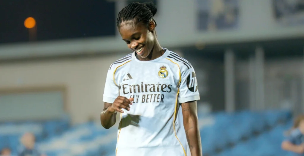 Linda Caicedo sonríe tras uno de los goles del Real Madrid al Eintracht en la Champions Femenina