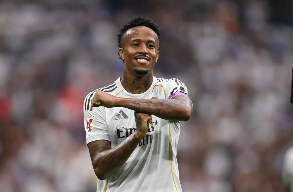 Éder Militao celebra un gol con el Real Madrid antes de su lesión