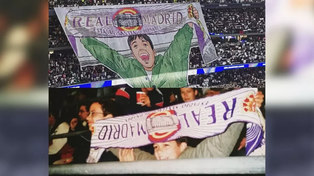Aficionados del Real Madrid con tifo en honor a Lucas Vázquez