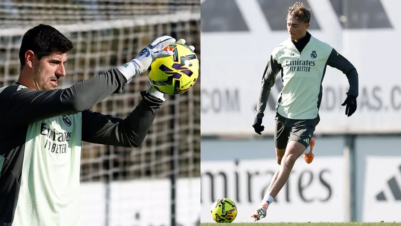 Courtois y Huijsen, durante un entrenamiento con el Real Madrid.