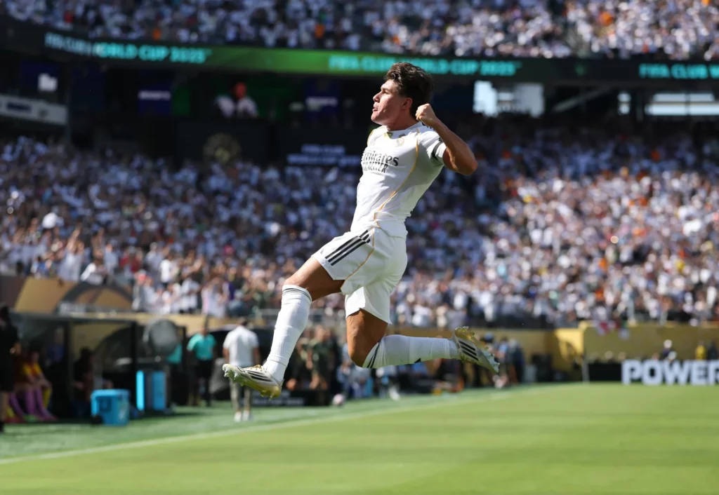 Fran García celebra un gol con el Real Madrid durante el Mundial de Clubes
