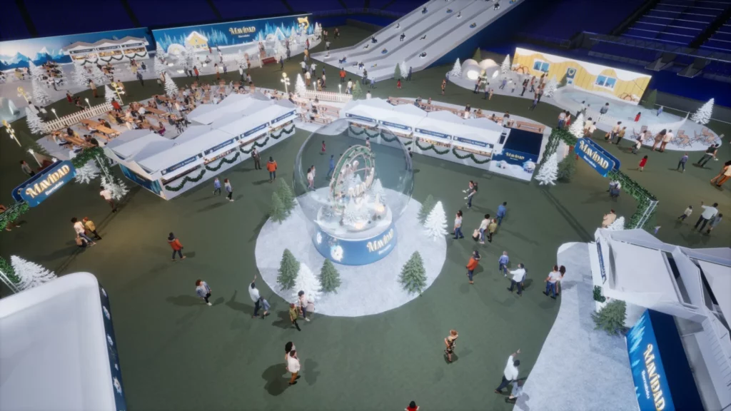 Render de la futura La Plaza de los Sueños en el Bernabéu, con una gran bola de cristal navideña.