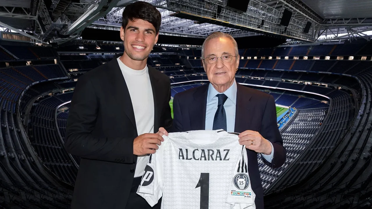 Montaje con Carlos Alcaraz y Florentino Pérez en el interior del Santiago Bernabéu, sede del Mutua Madrid Open de tenis