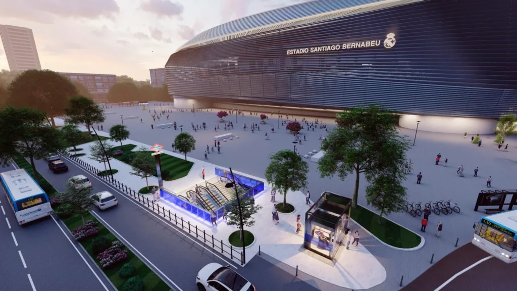 Render del exterior de la estación de Metro de Madrid de Santiago Bernabéu tras la finalización de las obras.