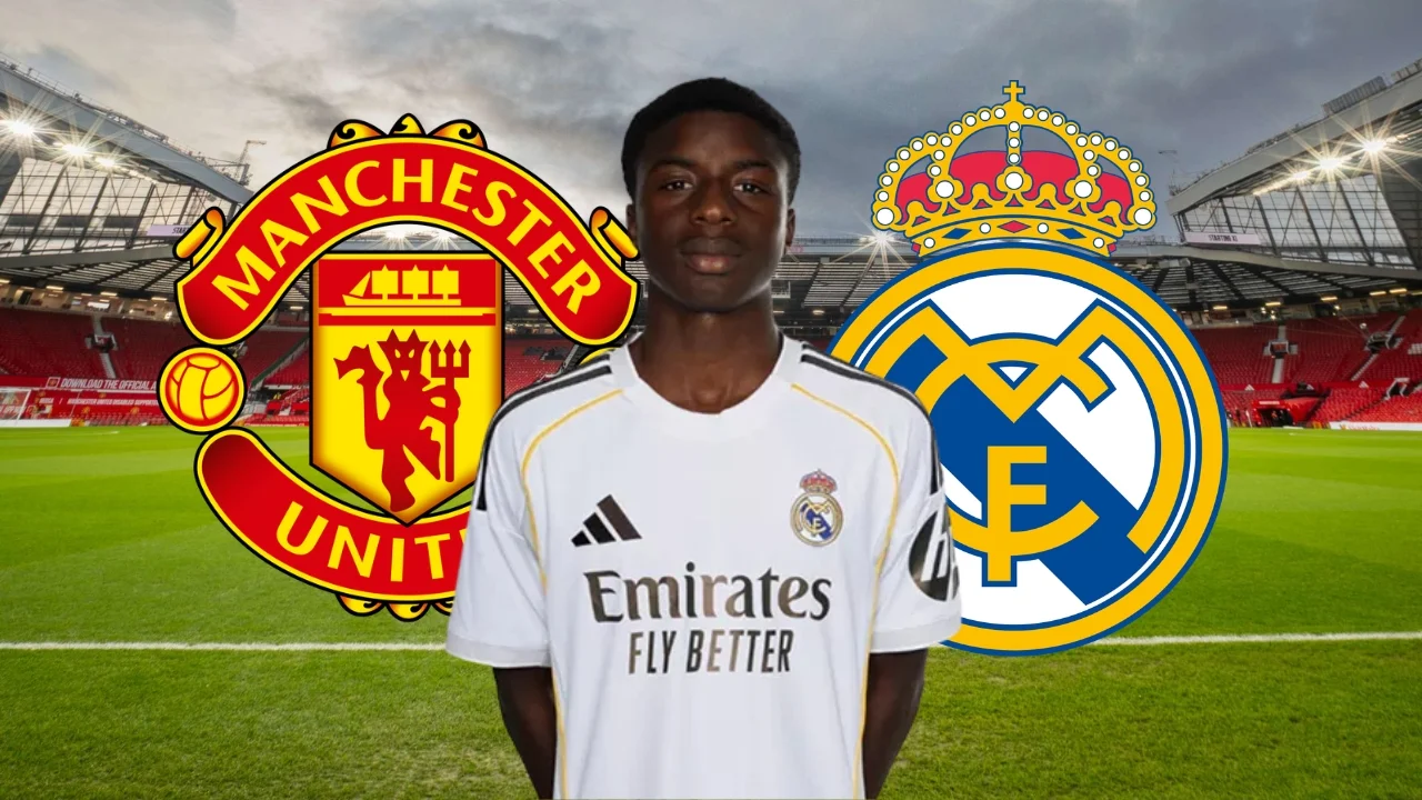 Cherif Fofana, junto a los escudos de Real Madrid y Manchester United con Old Trafford de fondo.