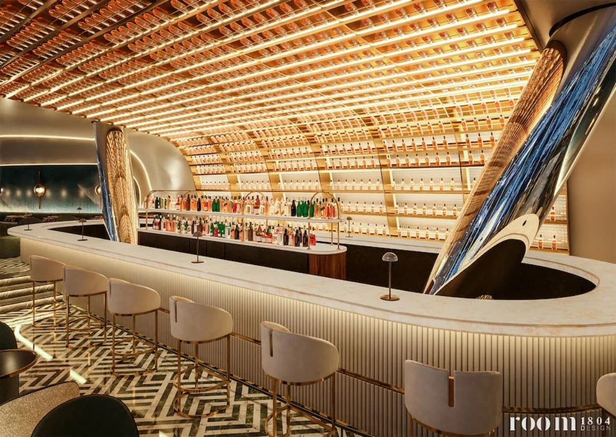Interior del Sky Bar construido por el Real Madrid en el Santiago Bernabéu.