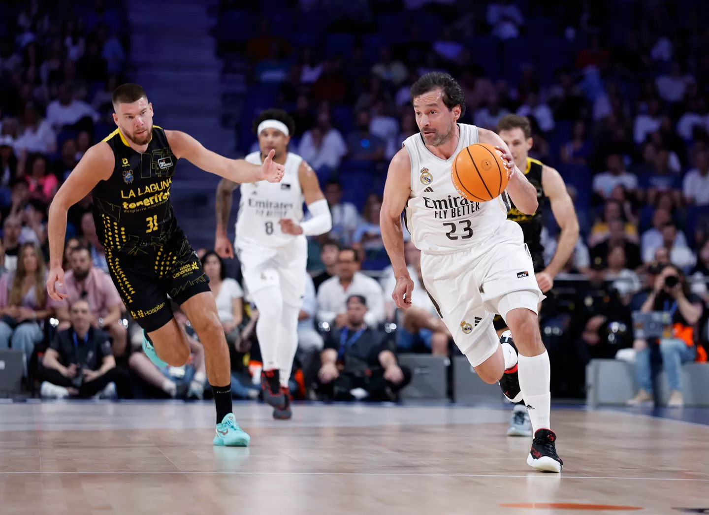 Sergio Llull bota el balón durante un partido de Liga Endesa entre Real Madrid y La Laguna Tenerife.