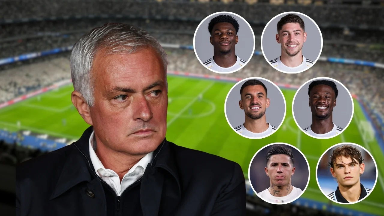 Montaje de José Mourinho junto a Tchouaméni, Valverde, Camavinga, Enzo Fernández y Nico Paz.