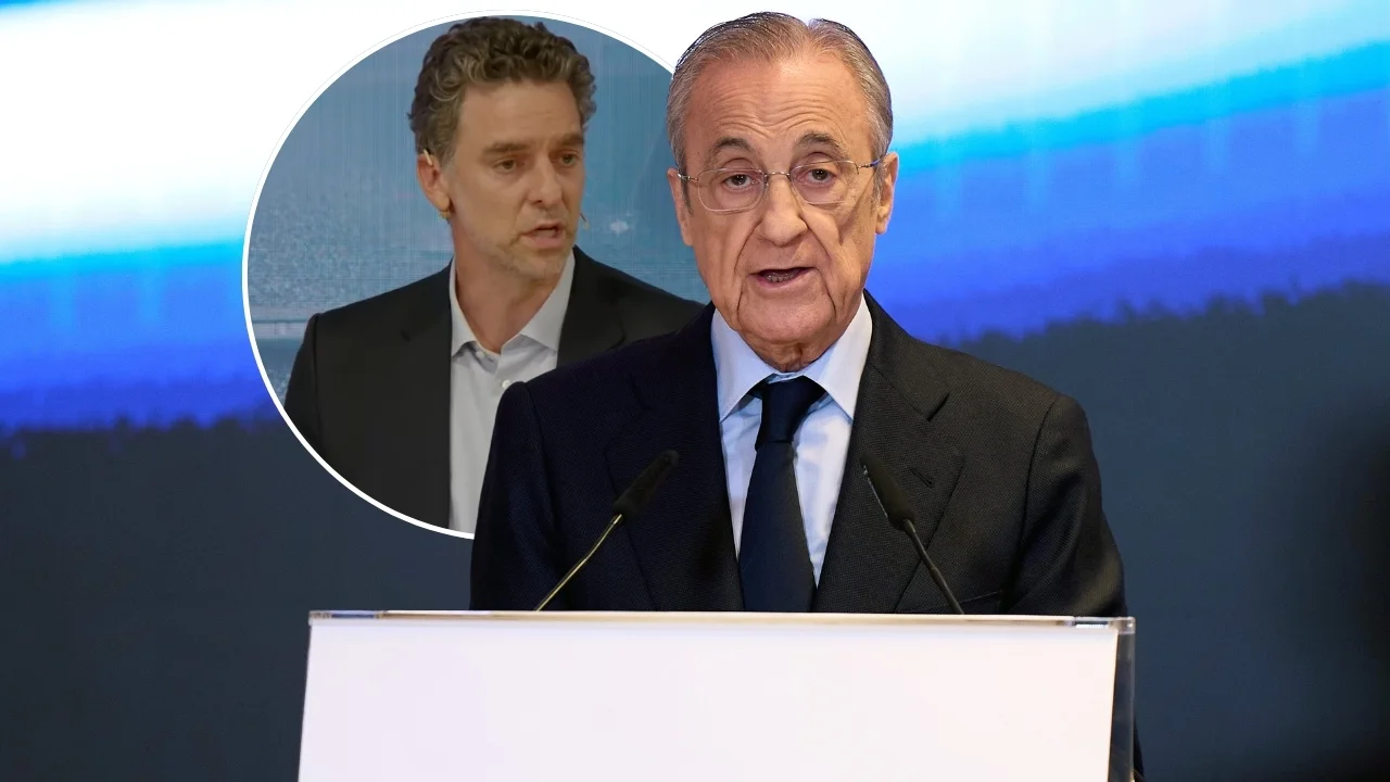 Los motivos del no del Real Madrid al plan de Pau Gasol para la Liga F Montaje de Florentino Pérez y Pau Gasol, con motivo del acuerdo con la Liga F.