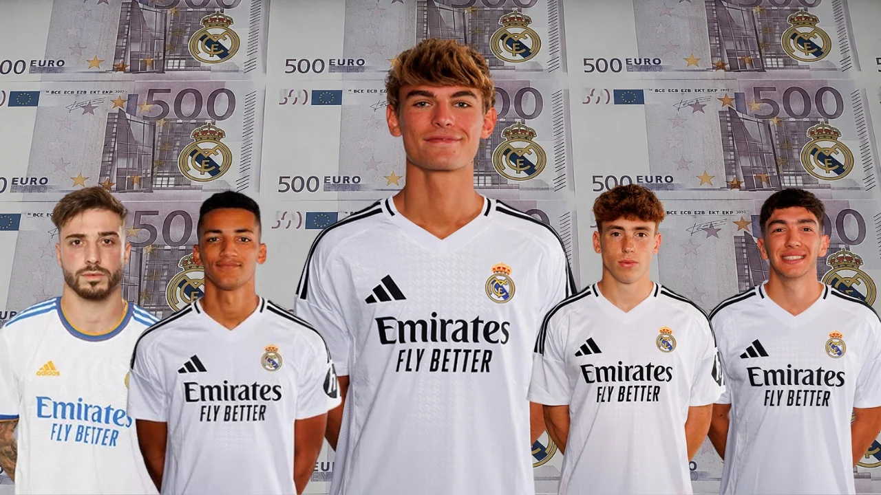 La Fábrica, una mina de oro para el Real Madrid Los jugadores de La Fábrica vendidos por el Real Madrid, con billetes de dinero de fondo.