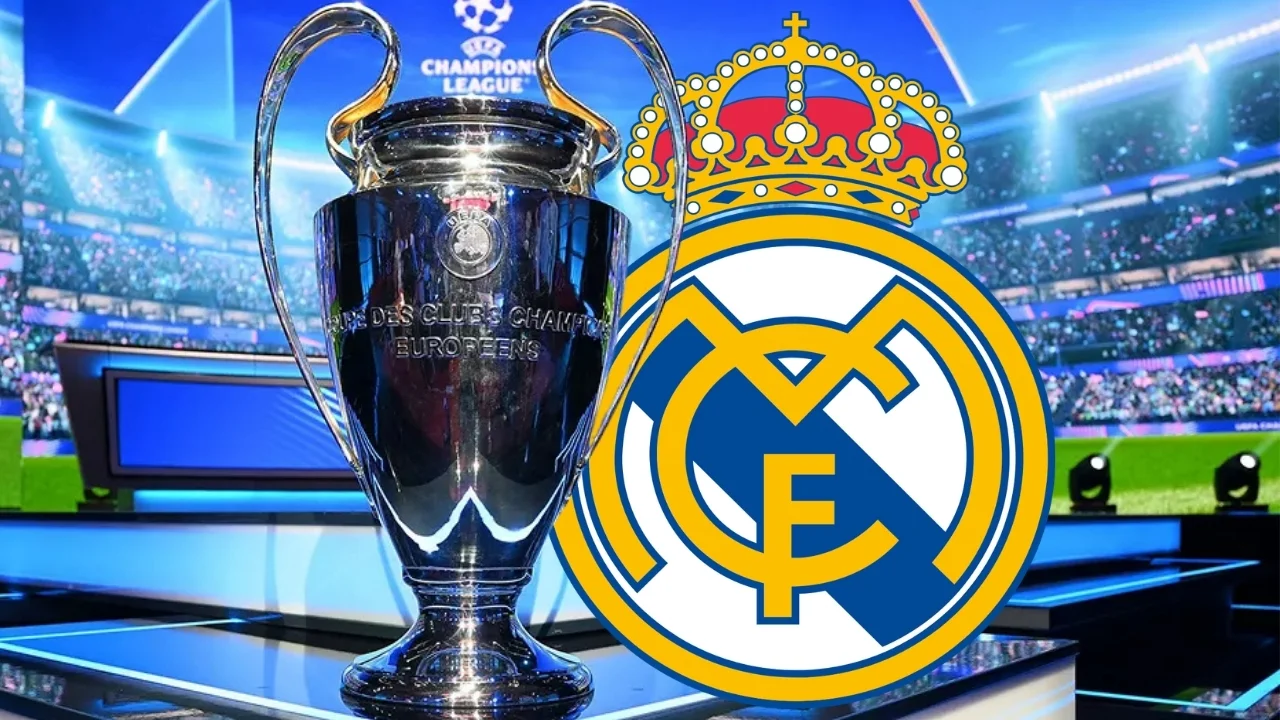 El escudo del Real Madrid junto al trofeo de la Champions League.