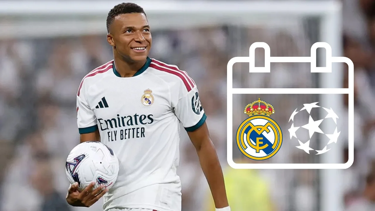 Montaje de Kylian Mbappé, junto a los logos del Real Madrid y la Champions en el calendario.