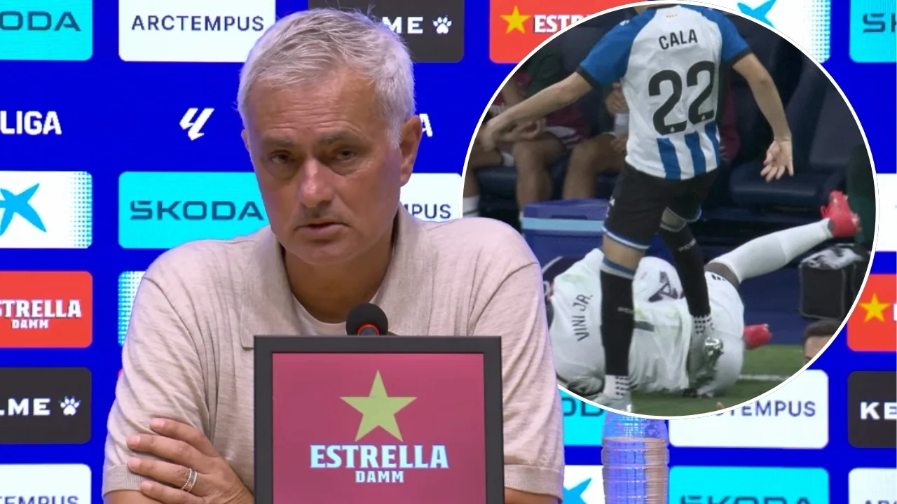 Mourinho defiende a Vini: «No es un santo, pero lo que le hacen es demasiado» Montaje de José Mourinho en rueda de prensa y Vinicius recibiendo una patada contra el Espanyol.