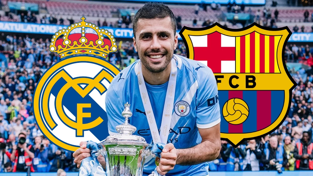 Rodri Hernández, junto a los escudos de Real Madrid y Barcelona.